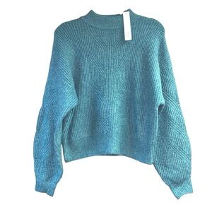 Aqua Blue Cowl Neck Sweater with Balloon Sleeves